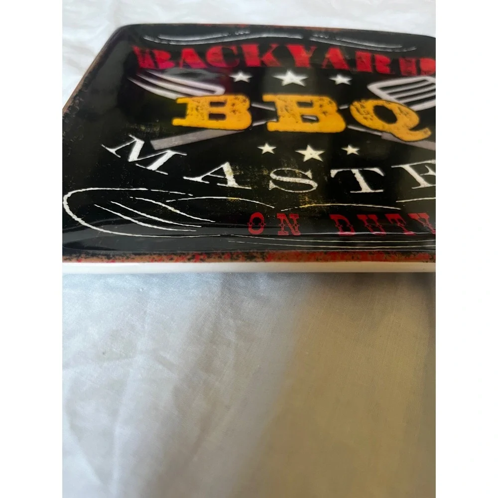 Certified International Backyard BBQ Master Square Ceramic Appetizer Plate Black